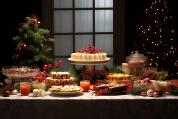 Naklejka premium festive christmas dinner food served table setting on xmas season with festive lights and candles