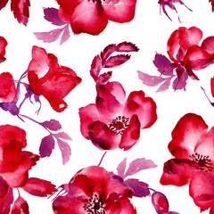 rose hips blooming painted in watercolor pattern