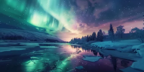 Foto op Plexiglas Aurora boreale. Panorama nordico. Sfondo. © zchris22