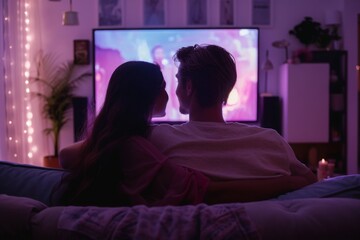a couple sitting in front of a huge flat screen television in the living-room in the evening watching a movie spending leisure time together