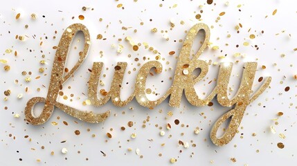 the handwritten text Lucky, shimmering with glitter in a mesmerizing 3D effect against a glossy white background, offering abundant space for accompanying text.