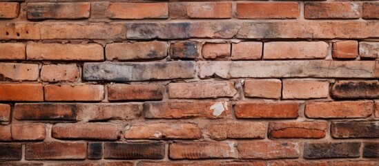 Close up of a brown brick wall showcasing the building materials composite of wood and stone. The intricate brickwork highlights the individual bricks in the structure