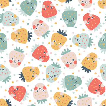 Strawberry faces seamless pattern in pastel palette. Vector naive hand drawn illustration of cute characters on confetti polka dot background. Ideal for baby textiles, wallpaper, fabric, scrapbooking.