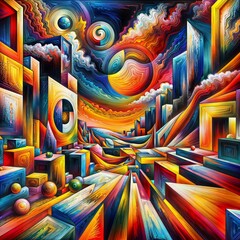 Surreal cityscape abstract painting: Capture the energy of a city in an abstract way with this vibrant painting featuring geometric shapes, clouds, and spheres.