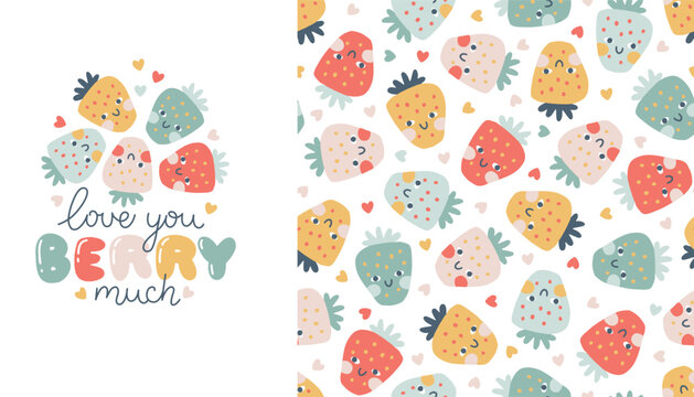 Strawberry faces seamless pattern set with print lettering in pastel palette. Vector naive hand drawn illustration cute characters on polka dot background. Ideal for baby textiles, wallpaper, fabric.