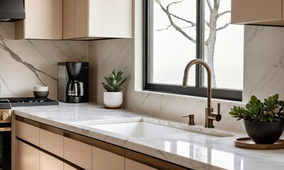 kitchen, sleek eggshell light beige finishes, with a beige and wood, white marble