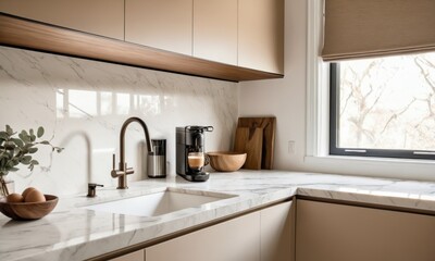 kitchen, sleek eggshell light beige finishes, with a beige and wood, white marble - obrazy, fototapety, plakaty
