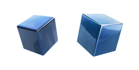 Blue cube set isolated transparent PNG. 3D box square cubic shaped elements. Metallic material surface. Shiny and reflective. various angles and surface textures. Gift box.