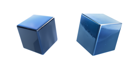 Blue cube set isolated transparent PNG. 3D box square cubic shaped elements. Metallic material surface. Shiny and reflective. various angles and surface textures. Gift box.
