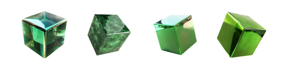 Green cube set isolated transparent PNG. 3D box square cubic shaped elements. Metallic material surface. Shiny and reflective. various angles and surface textures. Gift box.