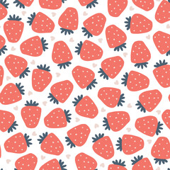Red strawberries seamless pattern with hearts. Valentine card. Vector naive hand drawn cartoon illustration in Scandinavian style. Ideal for baby textiles, wallpaper, fabric, scrapbooking.