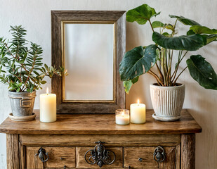 A wooden dresser with a mirror and candles on it