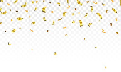 Confetti fall from the sky on a transparent background. Celebration background template with golden confetti ribbons. Holiday. birthday.