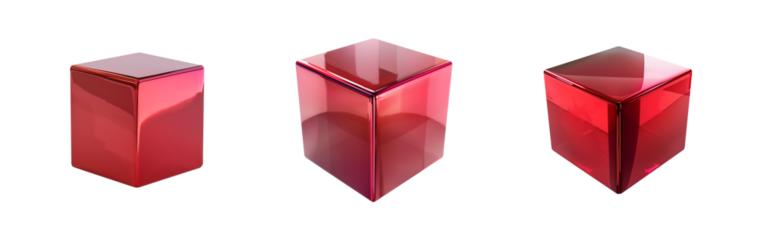 Red cube set isolated transparent PNG. 3D box square cubic shaped elements. Metallic material surface. Shiny and reflective. various angles and surface textures. Gift box.