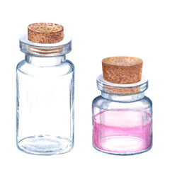 Tiny clear glass bottles with wooden stoppers. Hand painted watercolor illustration of small vials. Flacon for aromatherapy treatment or Spa. Transparent miniature packaging with rose liquid.