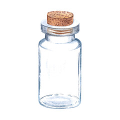 Miniature clear glass message empty bottle with wooden stopper. Hand drawn watercolor illustration of small vial isolated on background. For scrap-booking, wedding favors design, wedding decorations.