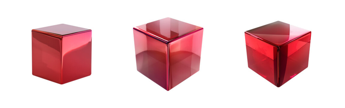 Red cube set isolated transparent PNG. 3D box square cubic shaped elements. Metallic material surface. Shiny and reflective. various angles and surface textures. Gift box.