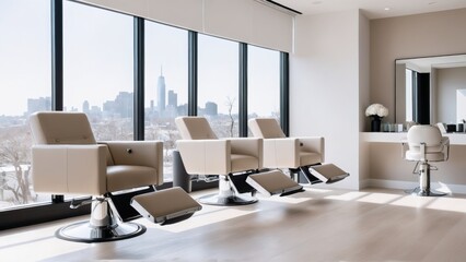 hair salon, filled with natural light on a sunny city