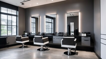a contemporary hair salon, filled natural light on a cloudy day