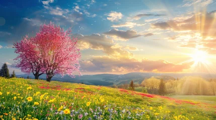 Keuken spatwand met foto Colorful spring summer landscape background © MSTSANTA