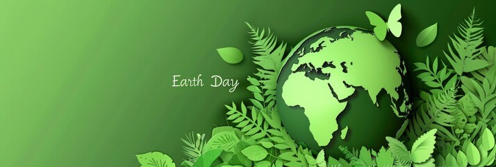Green Earth Day banner template with a paper cut world map and butterfly, eco-friendly design isolated on a green background with the text Earth Day
