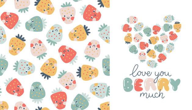 Strawberry faces seamless pattern set with print lettering in pastel palette. Vector naive hand drawn illustration cute characters on polka dot background. Ideal for baby textiles, wallpaper, fabric.
