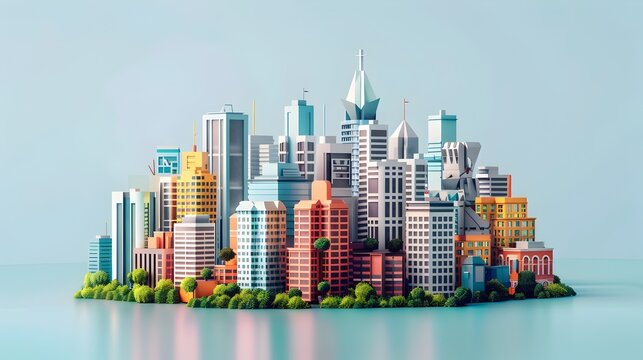 Vibrant 3D Rendered Cities on Island, To provide unique and visually engaging cityscape illustrations for creative projects, conceptual designs, and