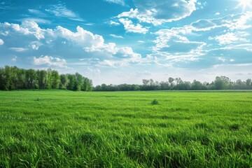 Fototapeta premium Panoramic natural landscape with green grass field, blue sky with clouds and and and blurry trees in background. Panorama summer spring meadow.