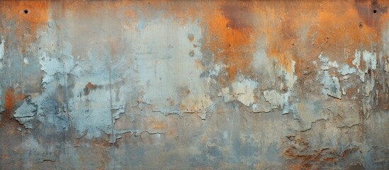 A detailed shot of weathered metal wall with faded paint, creating a rustic and textured art piece reminiscent of a watercolor painting