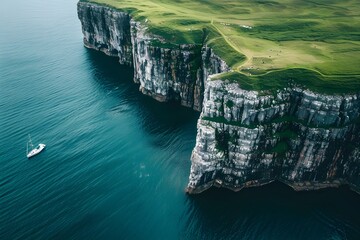 Aerial view of an island's edge featuring lush green grass, towering cliffs, and a solitary boat navigating the serene blue waters. - obrazy, fototapety, plakaty
