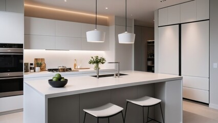 modern kitchen in the pre-dawn light, sleek white tile and matte white finishes