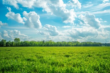 Panoramic natural landscape with green grass field, blue sky with clouds and and and blurry trees in background. Panorama summer spring meadow.