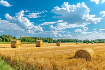 Fototapeta premium Panoramic natural landscape with green grass, golden field of harvested wheat with bales and blue sky with clouds. Colorful summer panorama of combination of yellow and green fields.