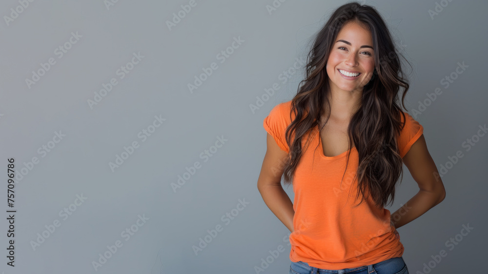 Poster hispanic woman wear orange casual t-shirt smile isolated