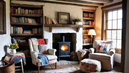 a living room with a fire place and a book shelf filled with books