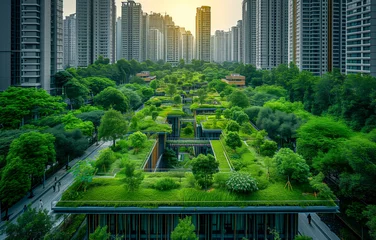 Gordijnen Urban oasis high-rise buildings surrounded by rooftop gardens © thodonal