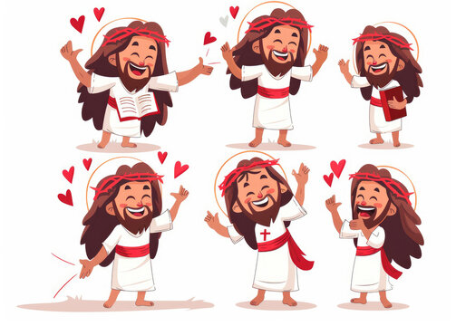 Jesus character, multiple poses and expressions vector illustration on white background
