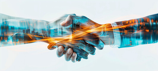 Futuristic handshake with digital cityscape and glowing energy flow