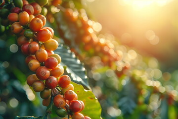 coffee cherry ripe in coffee plantation with sunrise background