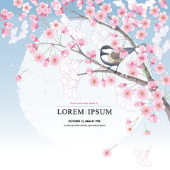 따뜻한 봄 날에 벚꽃이 활짝 핀 벚나무 가지에 앉아 있는 새들. 벡터 일러스트레이션	 - 757097174