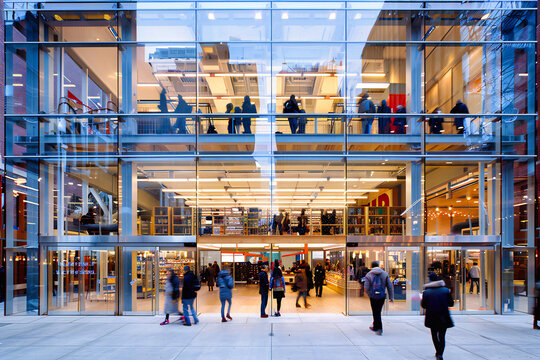 Evening view of a city building, highlighting the blend of modern architecture and consumer technology in an urban setting