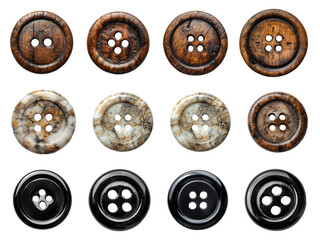 Wooden button set PNG. Bone 4-hole flat button for sewing and crafts PNG. Black plastic button button top view isolated. clothing button flat lay PNG