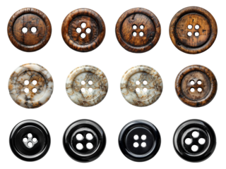 Wooden button set PNG. Bone 4-hole flat button for sewing and crafts PNG. Black plastic button button top view isolated. clothing button flat lay PNG
