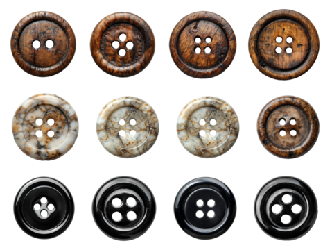 Wooden button set PNG. Bone 4-hole flat button for sewing and crafts PNG. Black plastic button button top view isolated. clothing button flat lay PNG