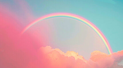 A vibrant rainbow arching across the light pink circle, its colorful bands stretching across the sky like a bridge between earth and sky.