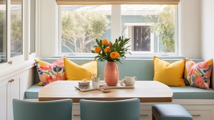 Create a cozy breakfast nook with a built-in banquette and colorful pillows