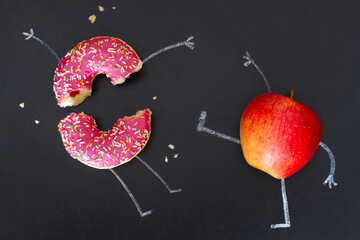 Choice between apple and donut, creative, funny healthy diet concept