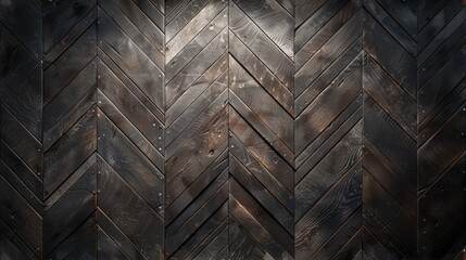 old wooden floorboards arranged in a fishbone pattern from a top-down perspective, featuring a seamless texture under flat lighting. SEAMLESS PATTERN