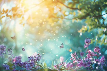 Floral spring natural blue background with fluffy airy lilac flowers on meadow and fluttering butterflies on blue sky background. 