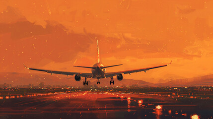 A vibrant orange sky serving as the backdrop for an airplane's descent onto the runway. - obrazy, fototapety, plakaty